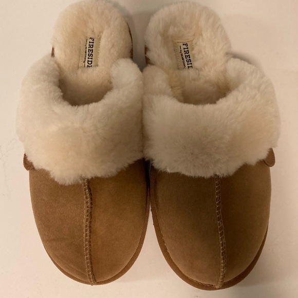Fireside Tan White Sheepskin Leather Winter Slippers size 9.5 - Picture 7 of 15